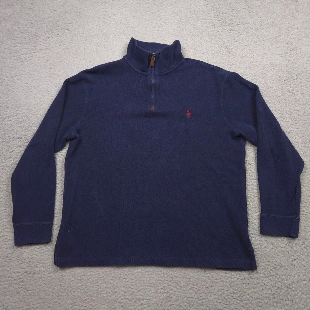 Polo Ralph Lauren Quarter Zip Pullover Men L 100% Cotton Navy Red Pony